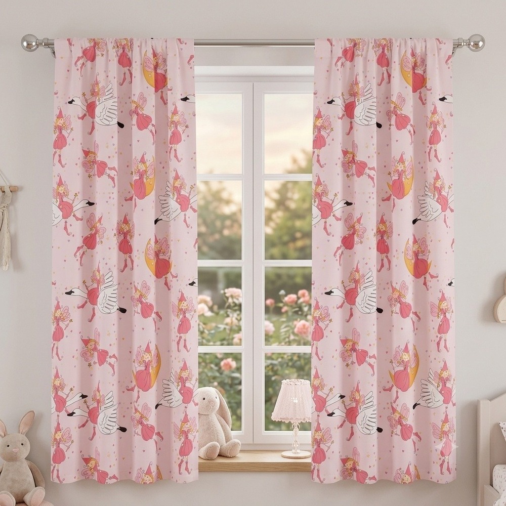 Ambesonne Fairy Swan Moon Pink Microfiber Window Curtains 2 Panel Set 56x84